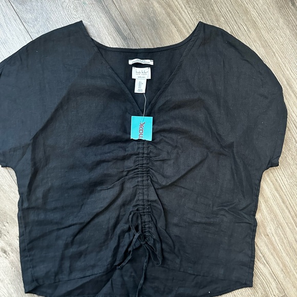 Nicole Miller Tops - 100% Black Linen Nicole Miller Black V-Neck Ruched Drawstring Top Shirt NWT
